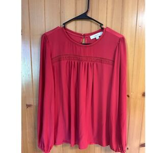 LOFT Womens Red Mixed Media Smocked Crochet Lace Keyhole Blouse XS Long Sleeve